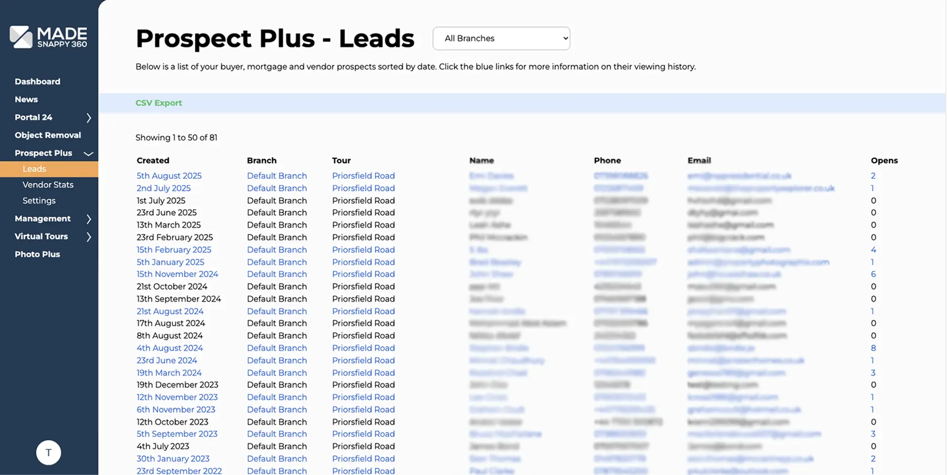 A screen shot of the prospect plus lead generation application